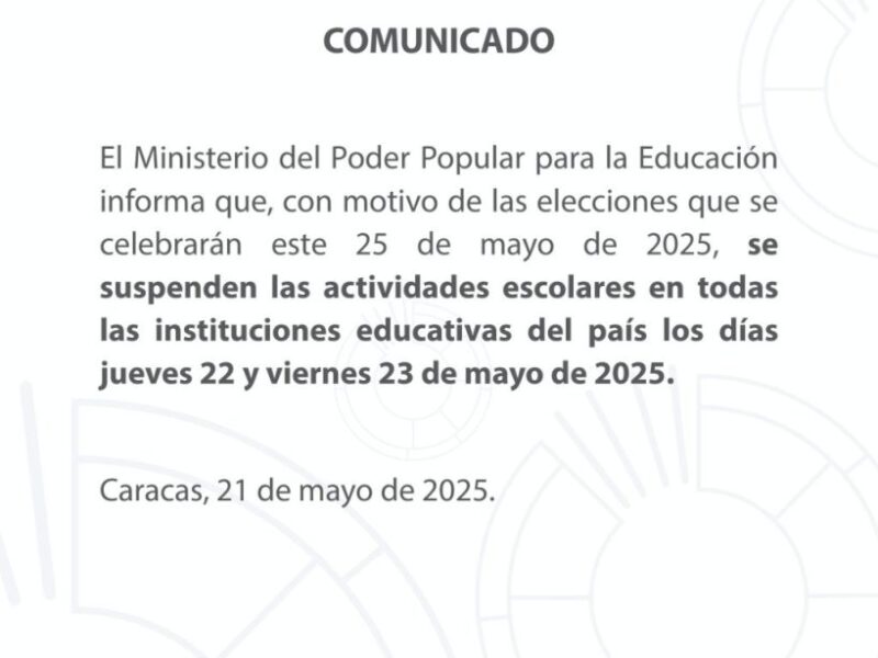 Actividades escolares se suspenderán en el país el 22 y 23 de mayo por las elecciones